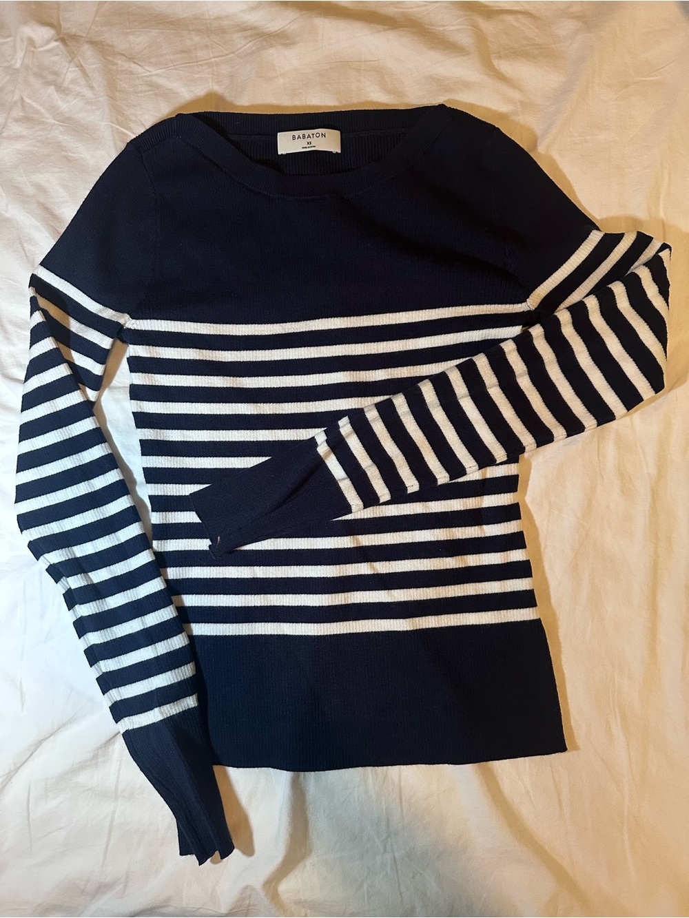 Babaton Navy & White Striped Boatneck Sweater
